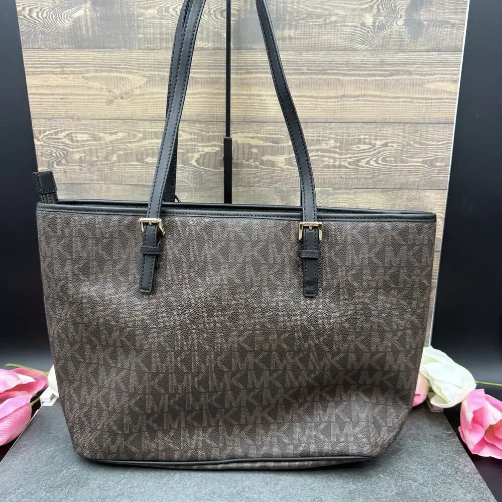 Michael Kors Jet Set Charm Large Brown Black Monogram Tote Bag Shoulder Purse